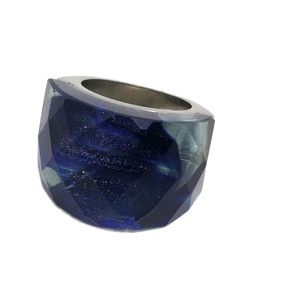 BLUE SHIMMERY SWIRL MURANO GLASS & STAINLESS STEEL FASHION RING - Picture 4 of 6